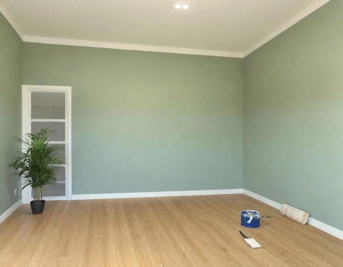 pintura casa Habitación vacía con paredes verdes, suelo de madera y una planta en maceta.
